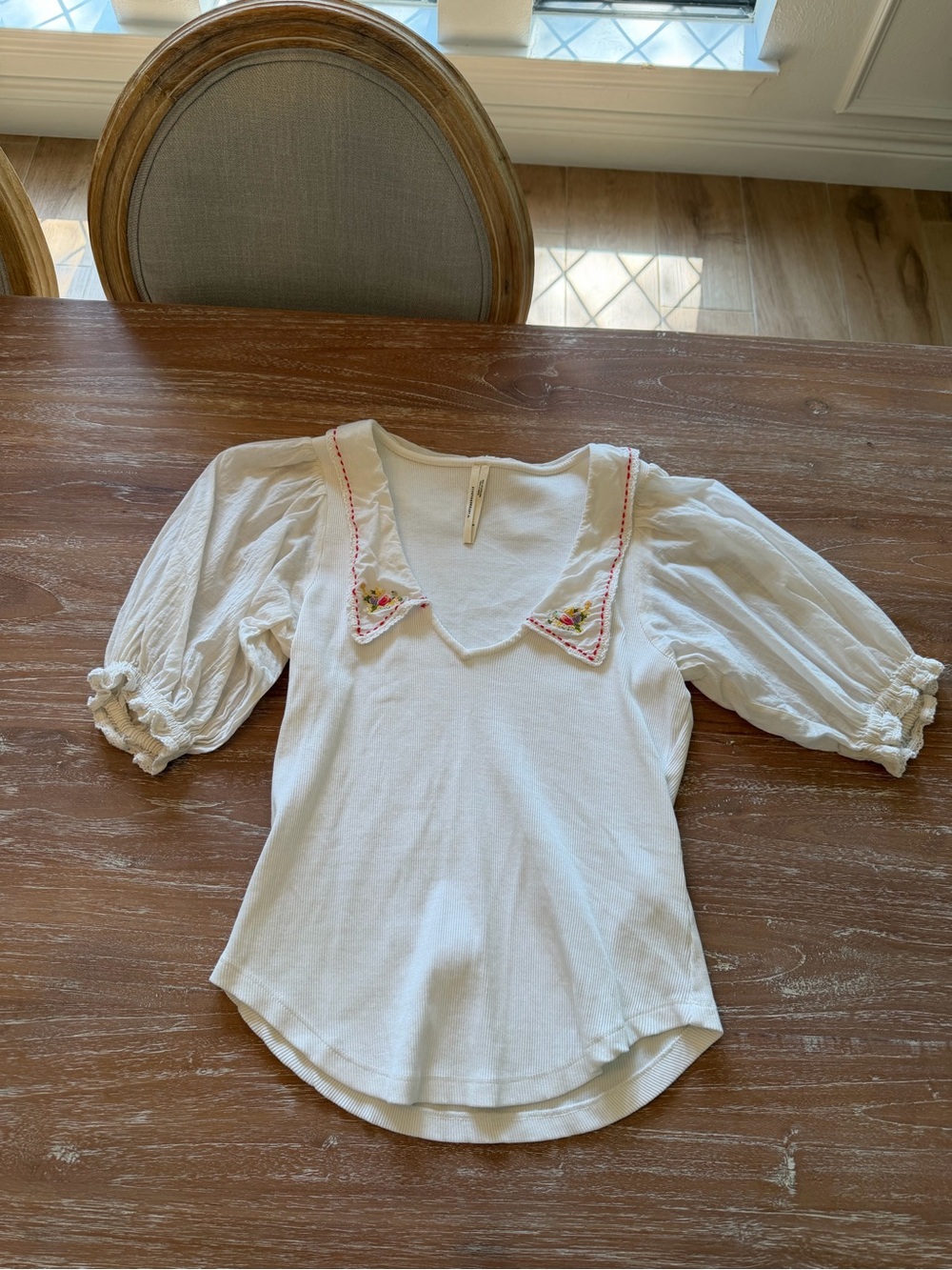 Anthropologie White Puff-Sleeve Top with Embroidered Collar